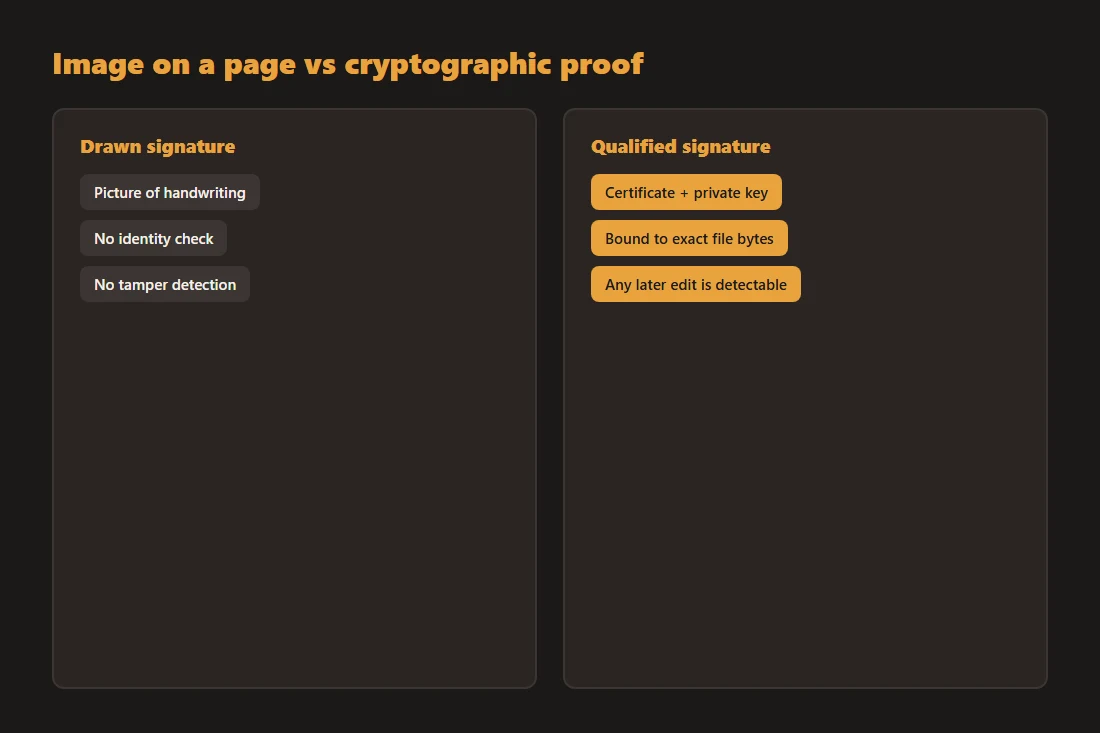 Comparison diagram: a drawn signature shown as a plain image versus a qualified digital signature shown as a certificate cryptographically bound to the exact file bytes.