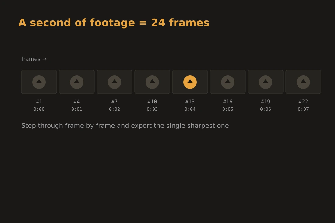 A timeline strip showing 24 individual frames per second of footage, with the frame number and timestamp visible beneath each frame.