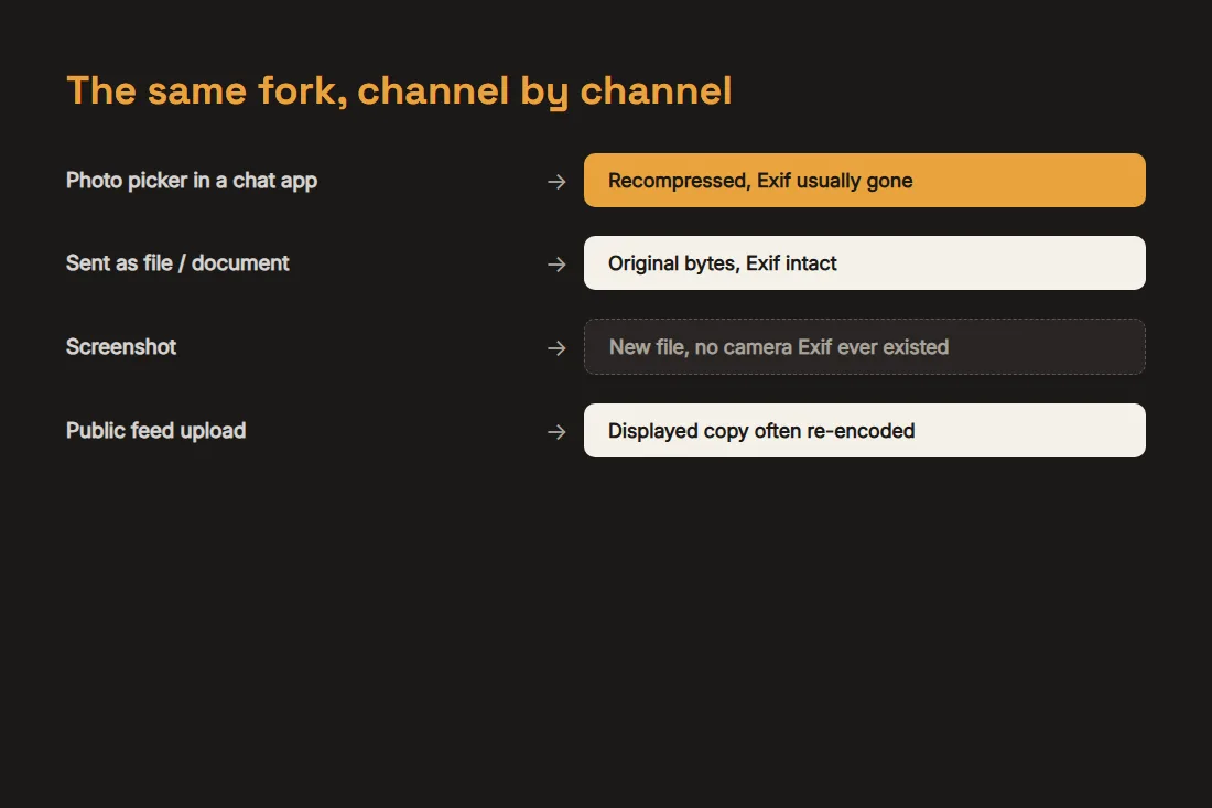 A channel-by-channel summary: photo picker recompresses and usually strips metadata, sending as a file keeps the original bytes, a screenshot never had camera Exif, a public feed re-encodes the displayed copy
