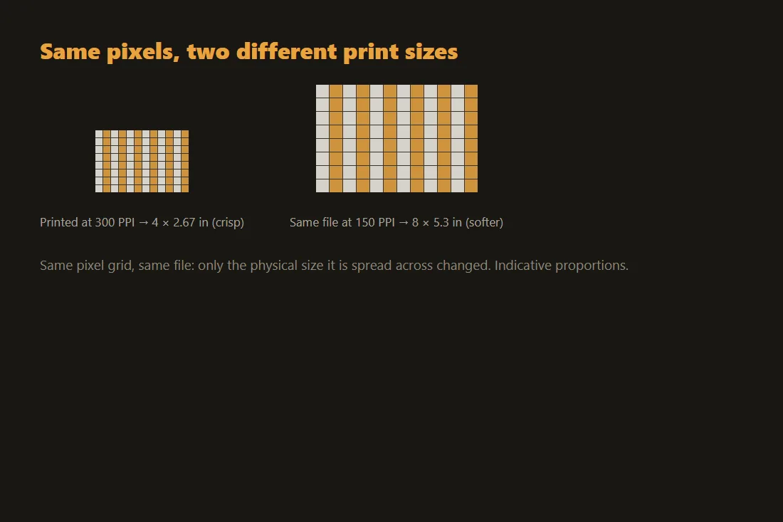 Diagram of the same pixel grid printed at two different physical sizes, showing lower pixel density at the larger size.