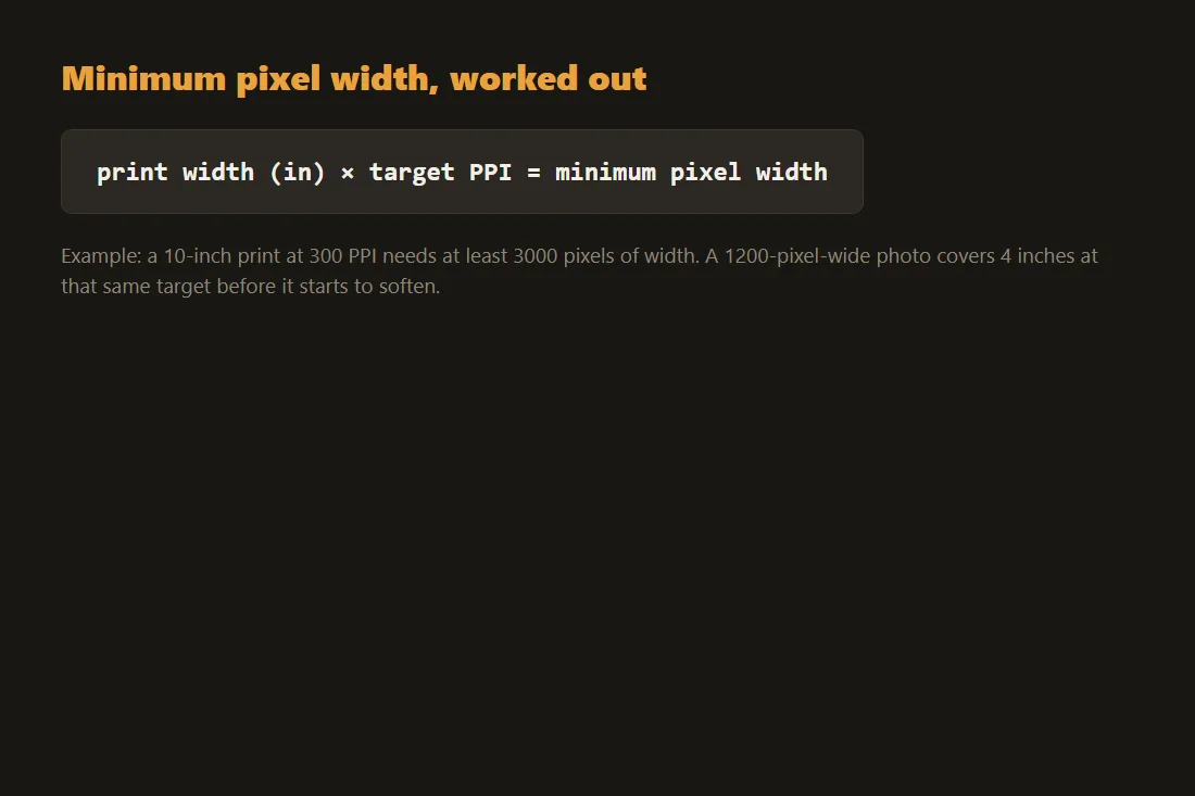 Formula diagram: print width in inches divided by target PPI equals the minimum pixel width needed, with a worked example.
