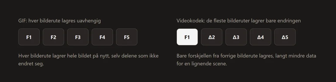Diagram som kontrasterer GIF, som lagrer et fullt uavhengig bilde per bilderute, med en videokodek, som lagrer de fleste bilderuter som forskjellen fra den forrige.