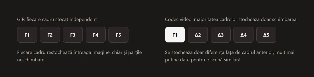 Diagramă care contrastează GIF-ul, care stochează o imagine independentă completă per cadru, cu un codec video, care stochează majoritatea cadrelor ca diferența față de cel anterior.