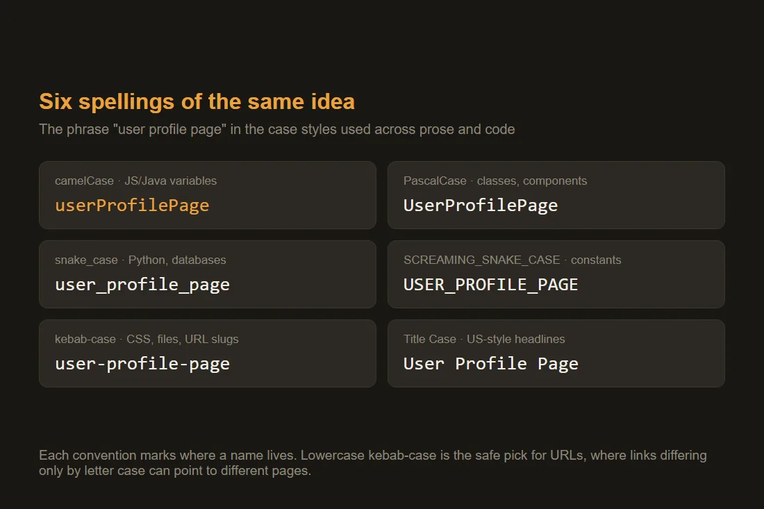 The phrase user profile page written in six case styles: camelCase, PascalCase, snake_case, SCREAMING_SNAKE_CASE, kebab-case and Title Case