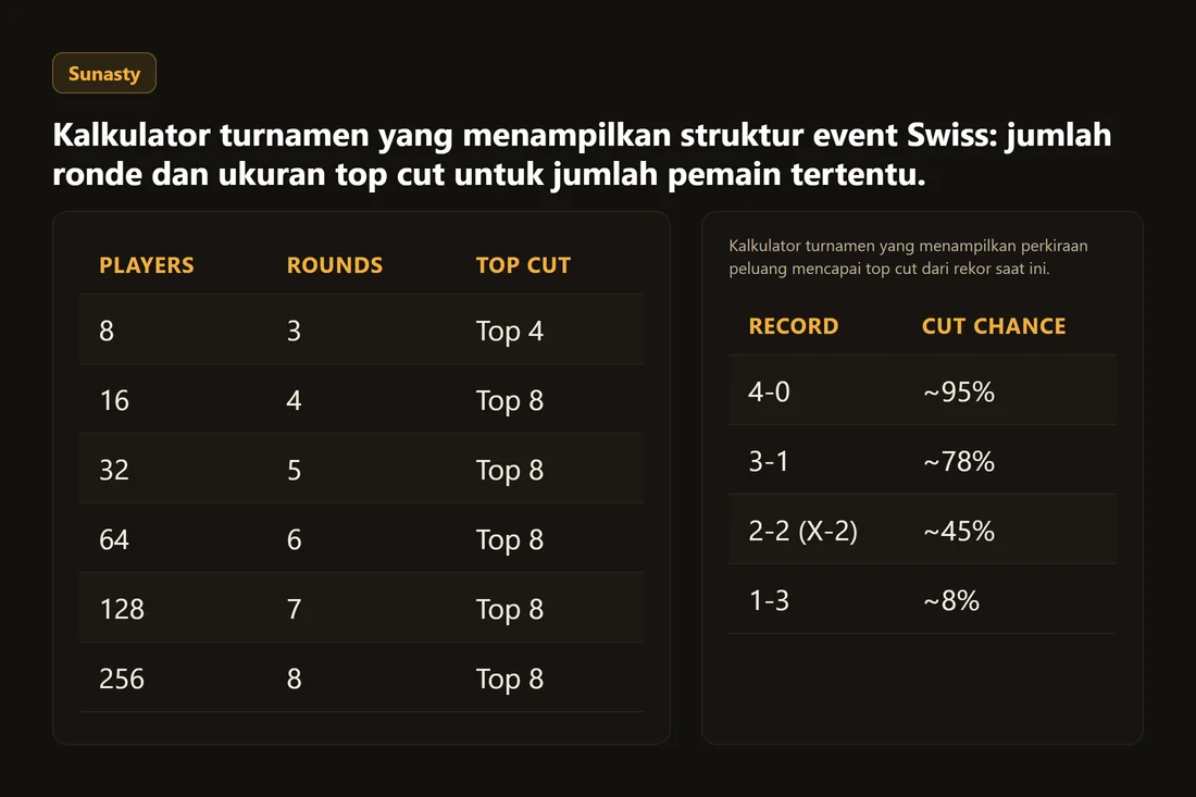Kalkulator turnamen yang menampilkan struktur event Swiss: jumlah ronde dan ukuran top cut untuk jumlah pemain tertentu.