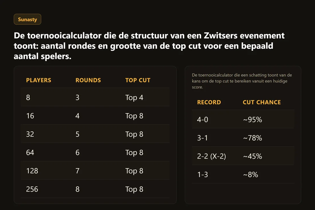 De toernooicalculator die een schatting toont van de kans om de top cut te bereiken vanuit een huidige score.