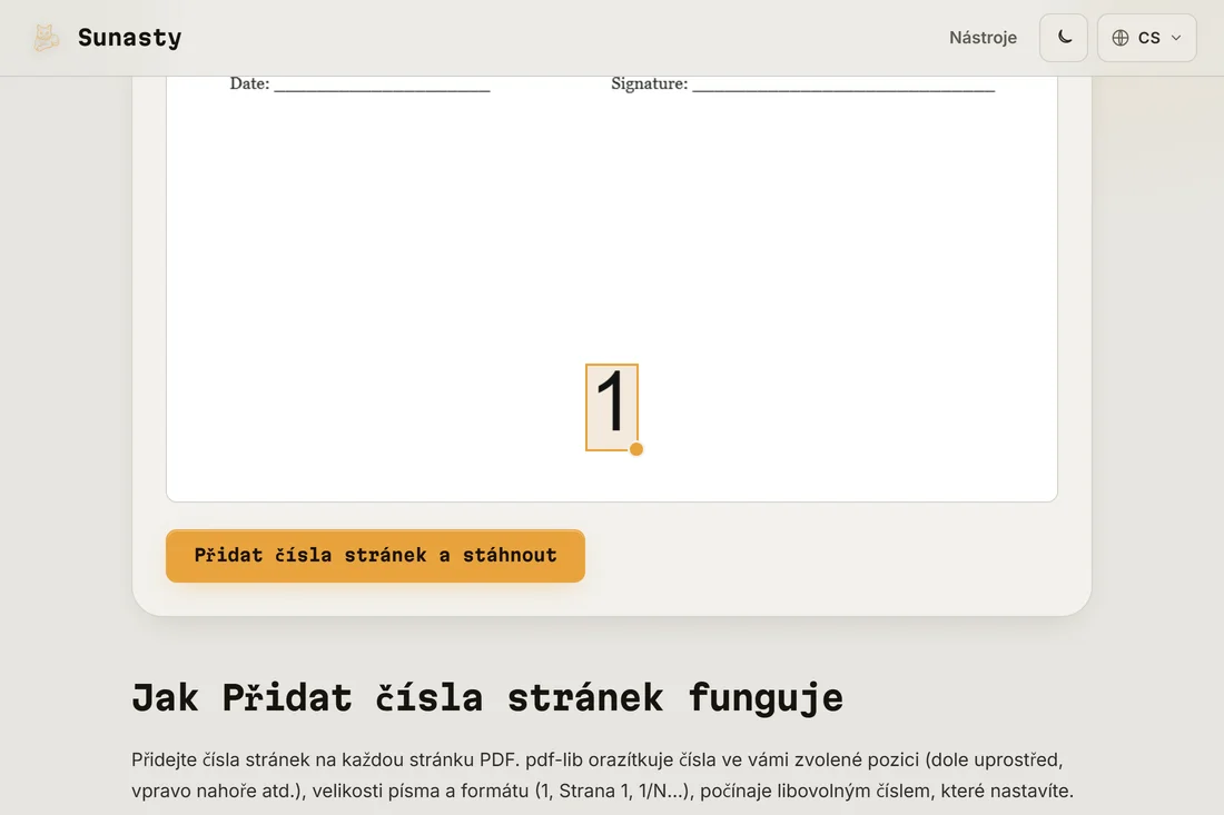 Nástroj pro čísla stránek PDF s načteným dokumentem a zvolenou pozicí dole na střed