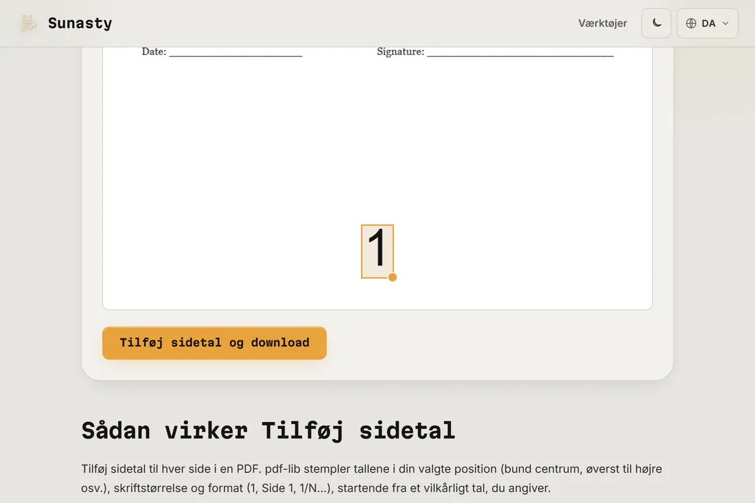 PDF-sidetalsværktøjet med et dokument indlæst og placeringen nederst i midten valgt