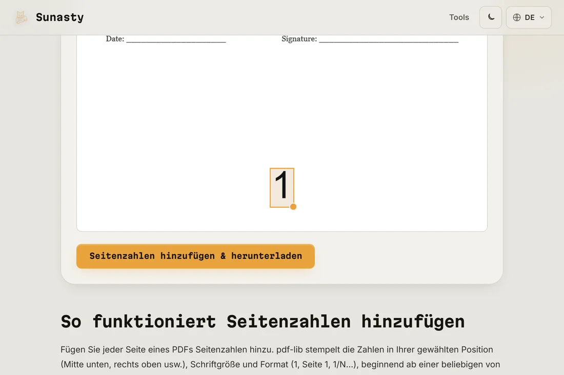 Das Werkzeug für PDF-Seitenzahlen mit einem geladenen Dokument und der Position unten-mittig