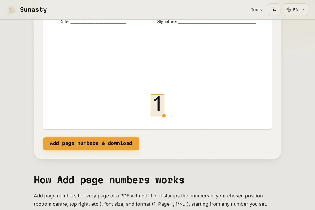 The PDF page numbers tool with a document loaded and bottom-center position selected