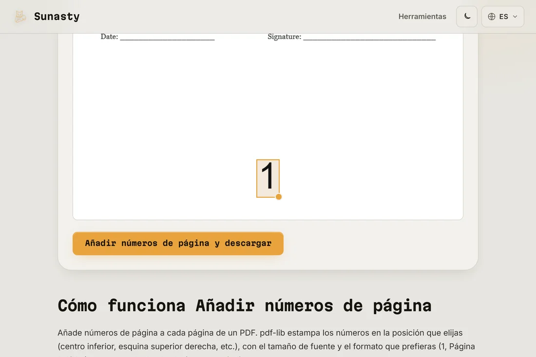 La herramienta de números de página para PDF con un documento cargado y la posición inferior centrada seleccionada