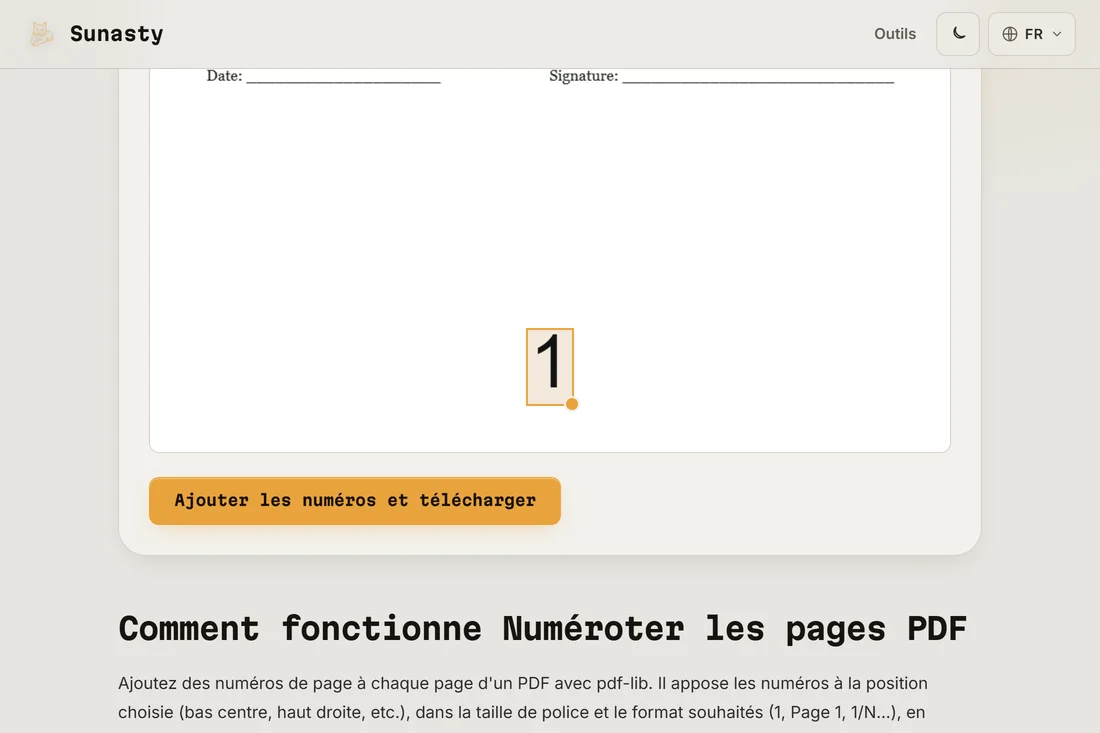 L'outil de numérotation PDF avec un document chargé et la position bas-centre sélectionnée