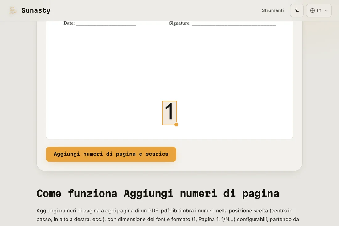 Lo strumento per i numeri di pagina PDF con un documento caricato e la posizione in basso al centro selezionata