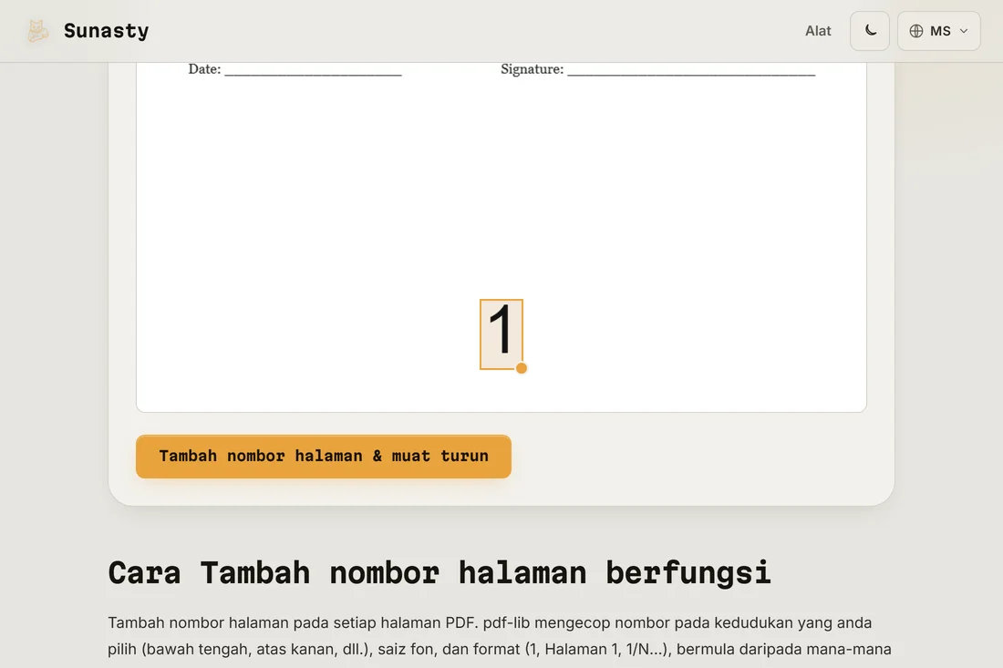 Alat nombor halaman PDF dengan dokumen dimuatkan dan kedudukan tengah-bawah dipilih