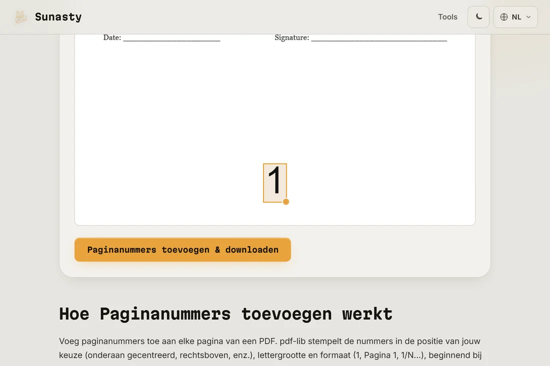 De tool voor PDF-paginanummers met een geladen document en de positie onderaan in het midden geselecteerd