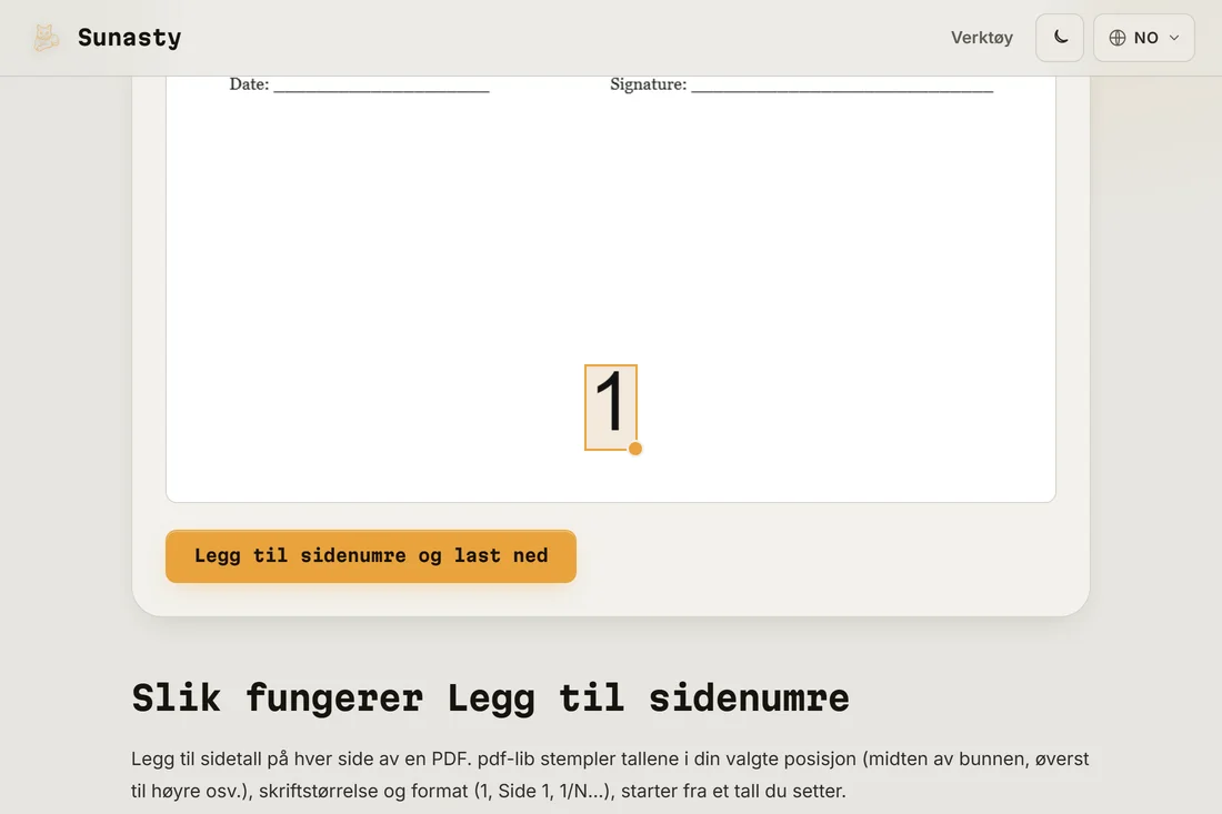 Verktøyet for PDF-sidetall med et dokument lastet inn og posisjonen nederst i midten valgt