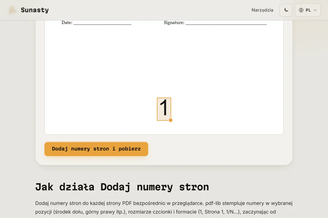 Narzędzie do numerowania stron PDF z wczytanym dokumentem i wybraną pozycją na dole pośrodku