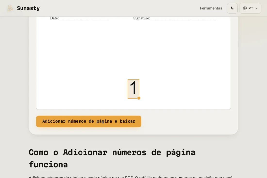 A ferramenta de números de página de PDF com um documento carregado e a posição inferior centralizada selecionada