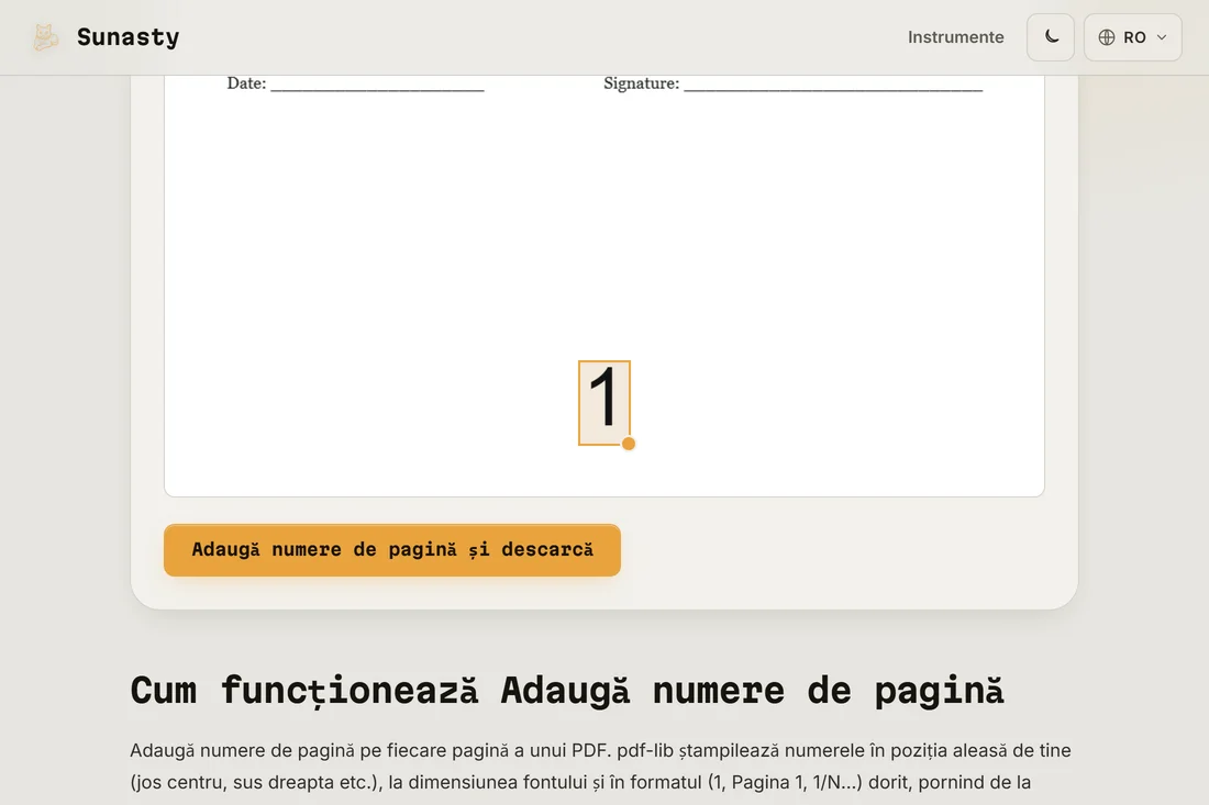 Instrumentul de numerotare PDF cu un document încărcat și poziția jos-centru selectată