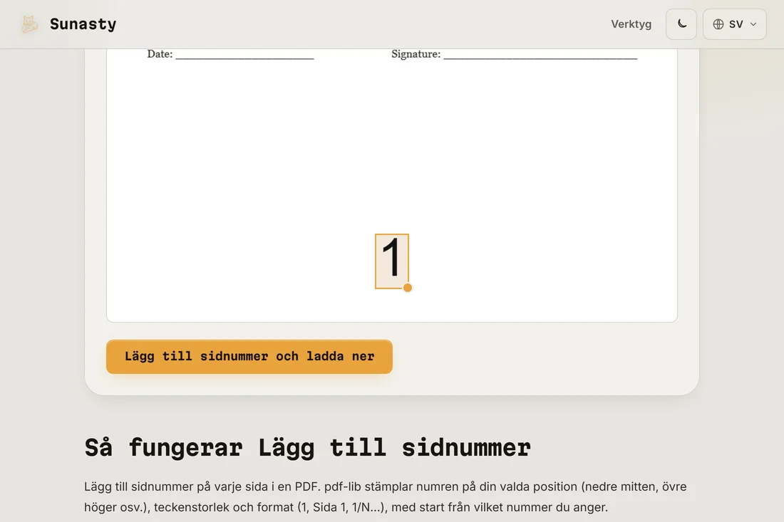 Verktyget för PDF-sidnummer med ett dokument inläst och positionen nederst i mitten vald