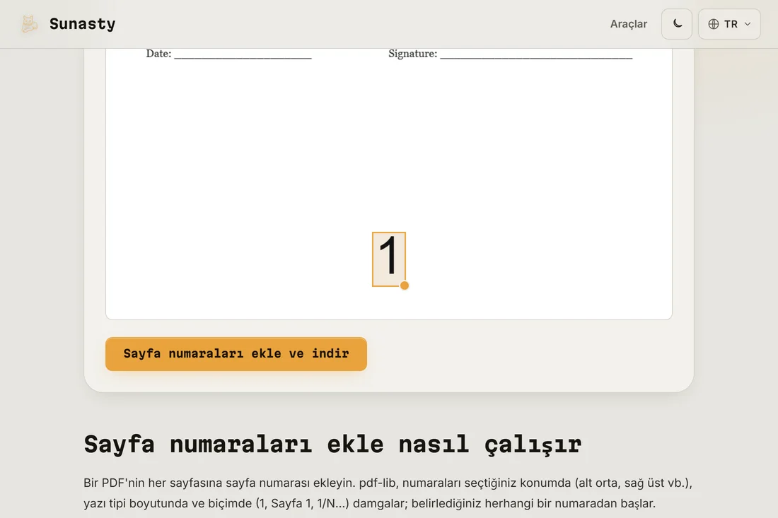 Bir belge yüklenmiş ve alt-orta konumu seçilmiş PDF sayfa numaraları aracı
