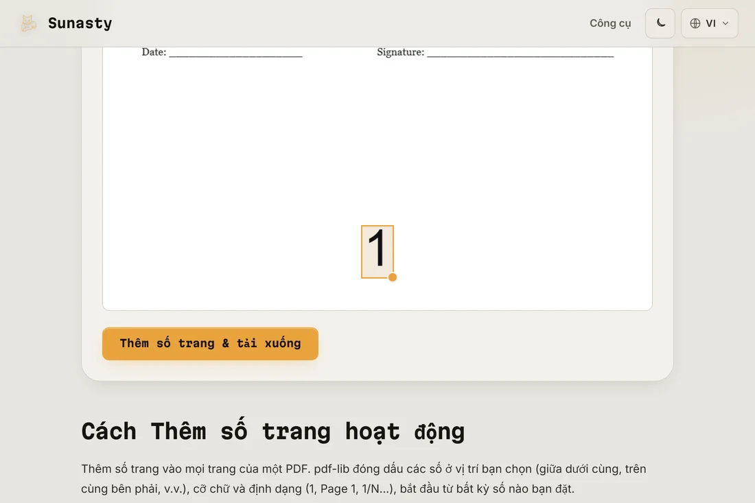 Công cụ đánh số trang PDF đã nạp tài liệu và chọn vị trí giữa-dưới