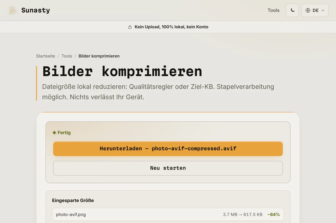 Die AVIF-Ausgabe im Vergleich zu WebP, mit dem Größenunterschied bei gleicher Qualität