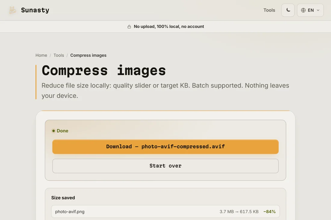 The AVIF output compared to WebP, showing the file size difference at equal quality