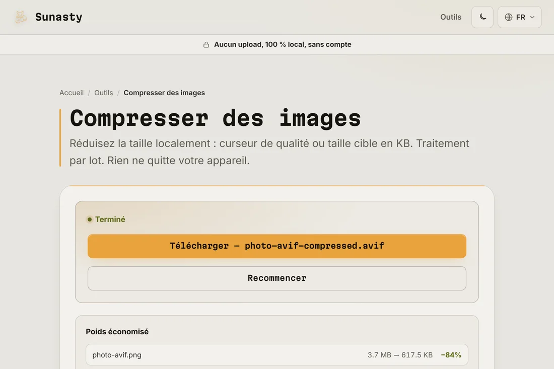 La sortie AVIF comparée au WebP, montrant la différence de taille à qualité identique