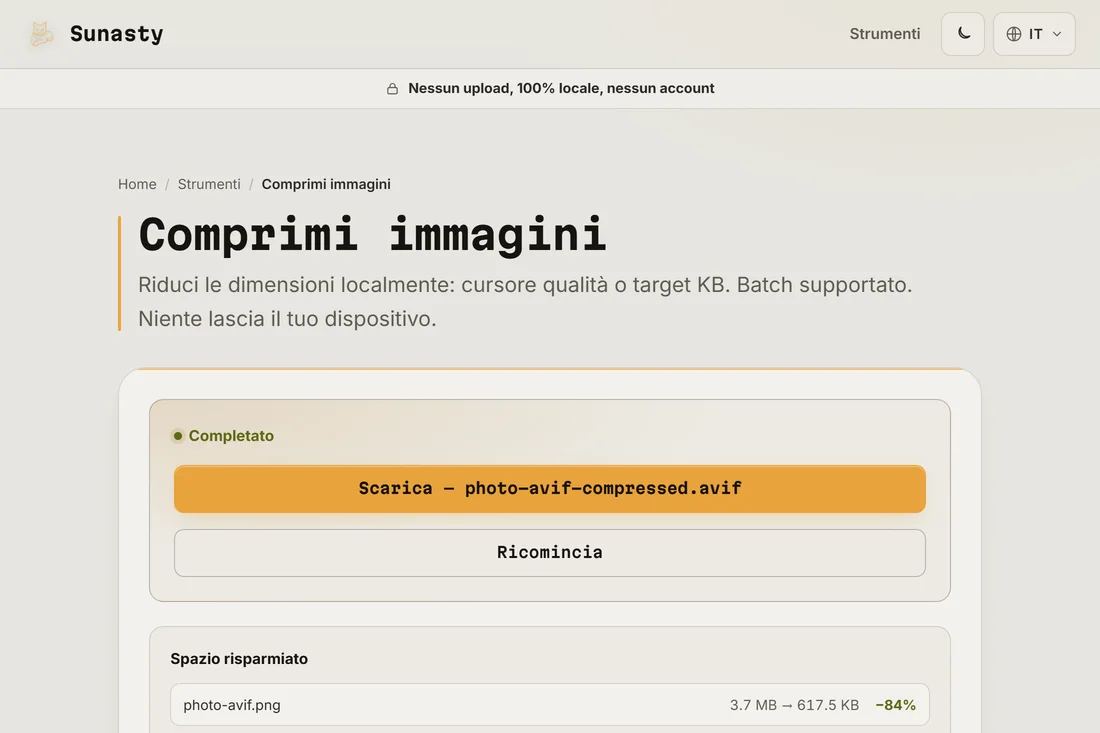 L'output AVIF confrontato con il WebP, che mostra la differenza di dimensione del file a parità di qualità