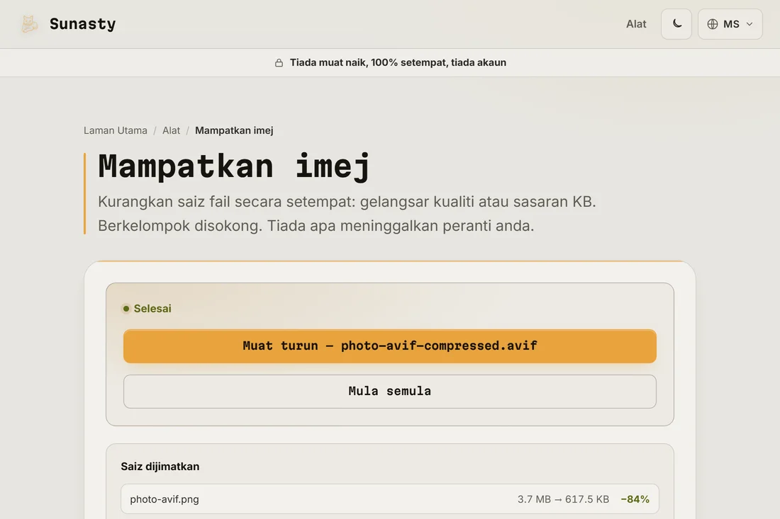 Keluaran AVIF dibandingkan dengan WebP, menunjukkan perbezaan saiz fail pada kualiti sama