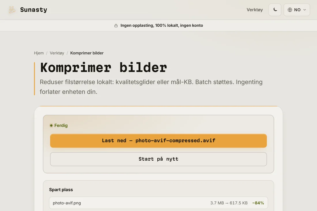 AVIF-utdataet sammenlignet med WebP, som viser filstorrelsesforskjellen ved lik kvalitet