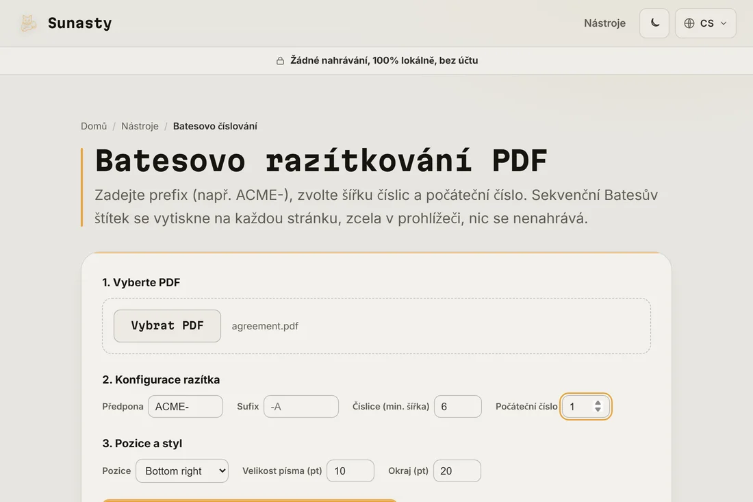 Nástroj pro číslování Bates s načtenou smlouvou, předpona nastavená na ACME- a šesticiferné počítadlo začínající od jedné