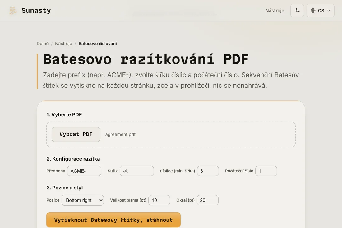 Orazítkované PDF připravené ke stažení, se štítkem Bates viditelným v pravém dolním rohu stránky