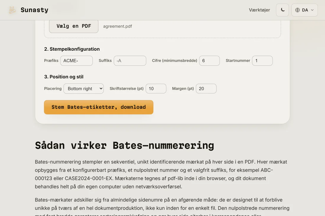 Den stemplede PDF klar til hentning, med Bates-mærket synligt i sidens nederste højre hjørne