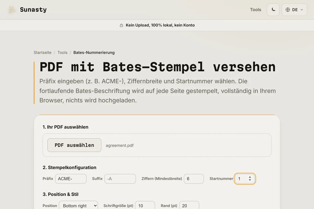 Das Werkzeug zur Bates-Nummerierung mit einer geladenen Vereinbarung, dem Präfix ACME- und einem sechsstelligen Zähler, der bei eins beginnt