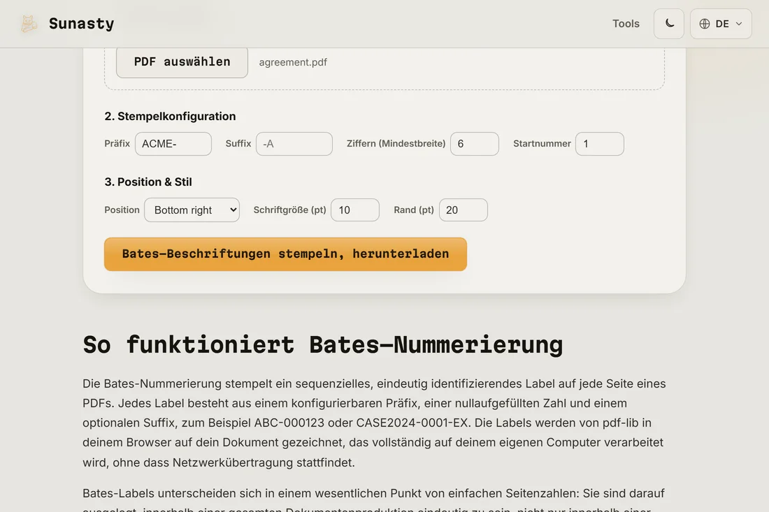 Das gestempelte PDF, bereit zum Herunterladen, mit der Bates-Kennung sichtbar in der unteren rechten Ecke der Seite