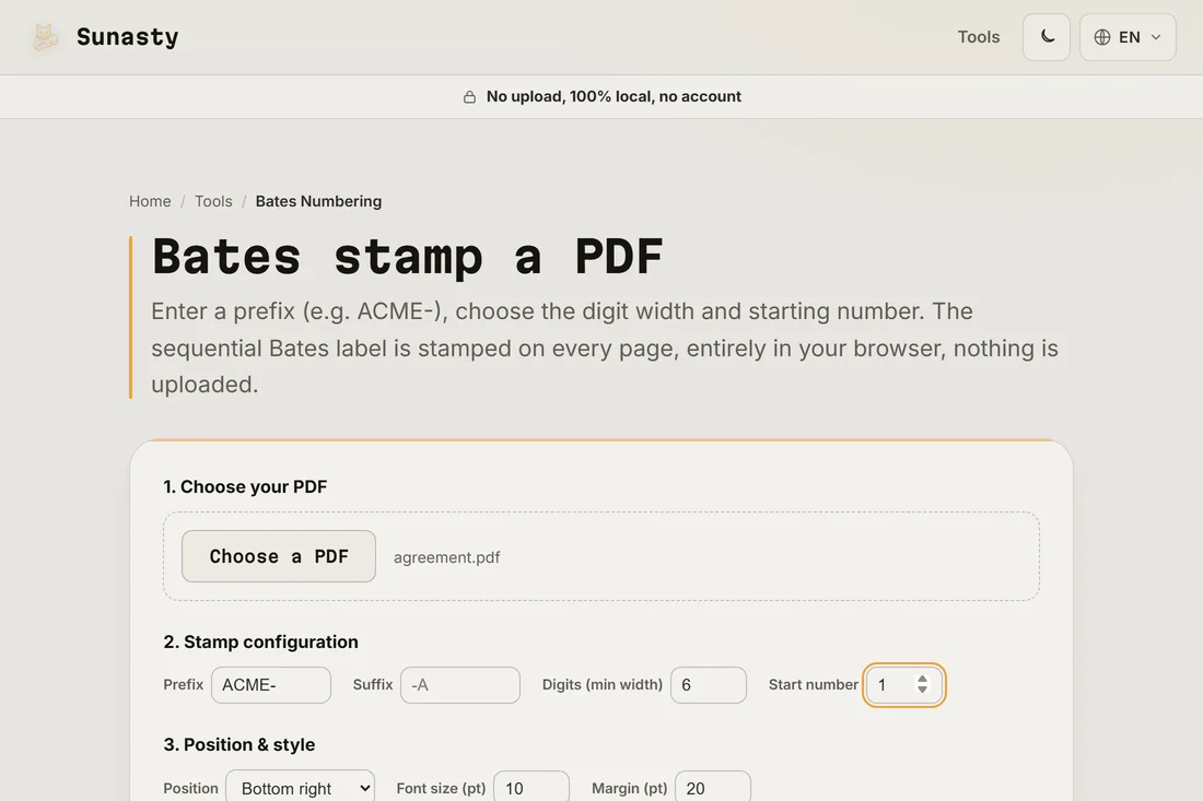 The Bates numbering tool with an agreement loaded, the prefix set to ACME- and a six-digit counter starting at one