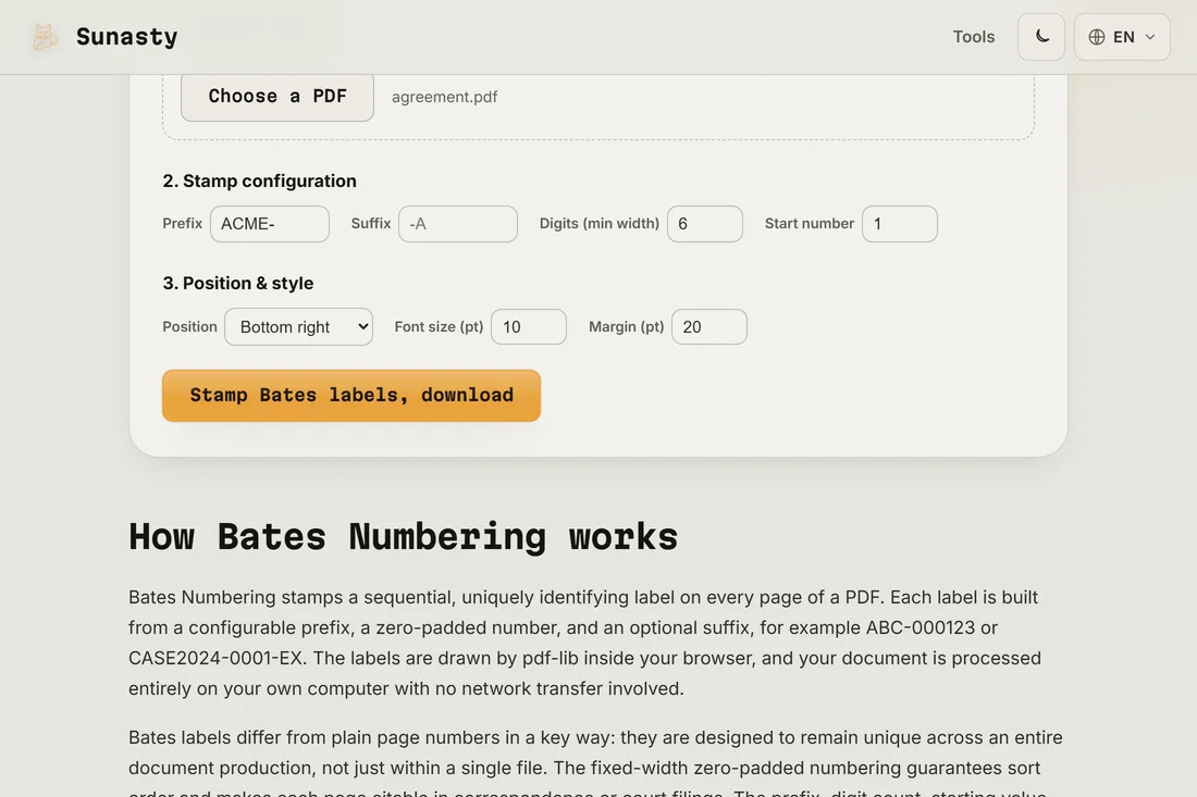The stamped PDF ready to download, with the Bates label visible in the bottom-right corner of the page