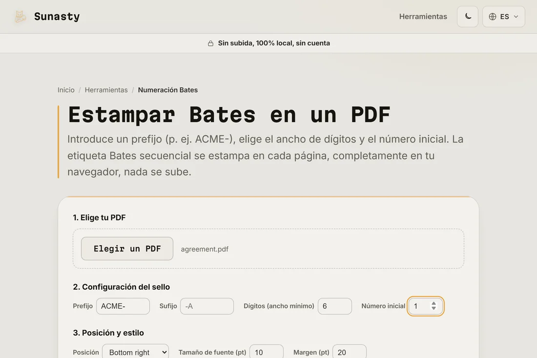 La herramienta de numeración Bates con un acuerdo cargado, el prefijo fijado en ACME- y un contador de seis dígitos que empieza en uno