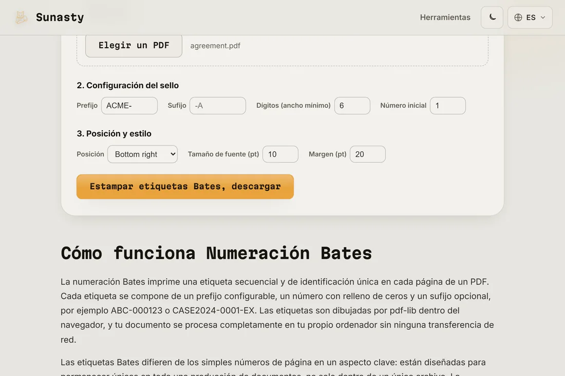 El PDF sellado listo para descargar, con la etiqueta Bates visible en la esquina inferior derecha de la página