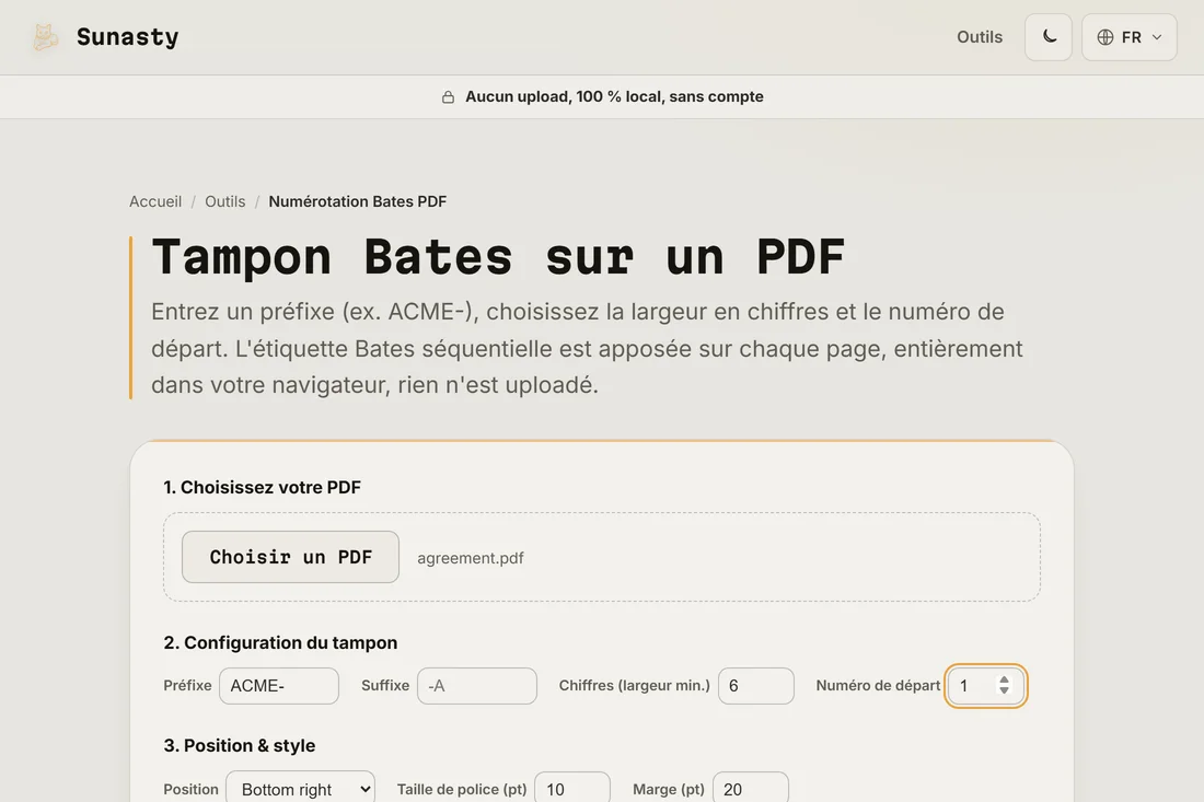 L'outil de numérotation Bates avec un contrat chargé, le préfixe réglé sur ACME- et un compteur à six chiffres commençant à un