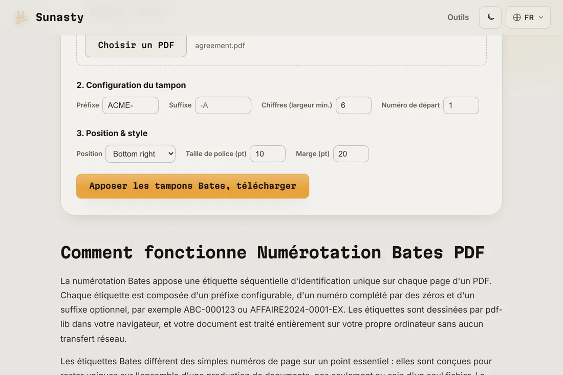 Le PDF tamponné prêt à télécharger, avec l'étiquette Bates visible dans le coin inférieur droit de la page