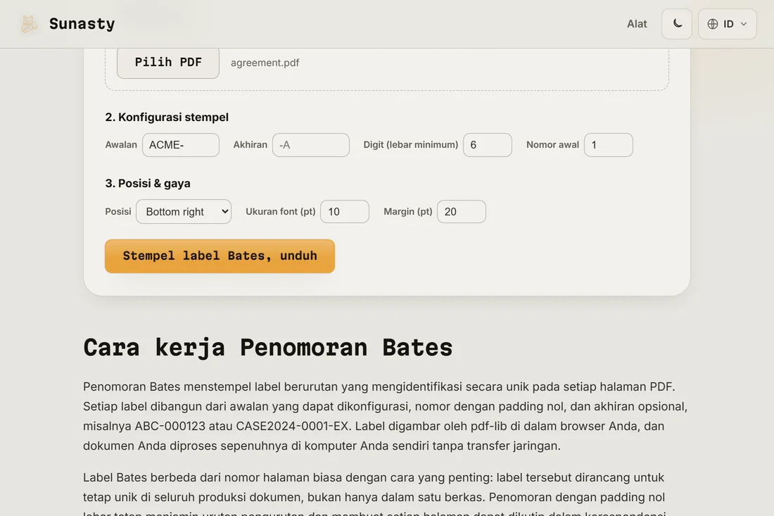 PDF yang sudah distempel siap diunduh, dengan label Bates terlihat di sudut kanan bawah halaman