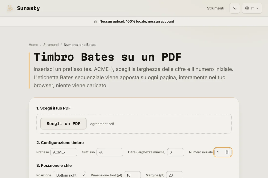 Lo strumento di numerazione Bates con un accordo caricato, il prefisso impostato su ACME- e un contatore a sei cifre che parte da uno