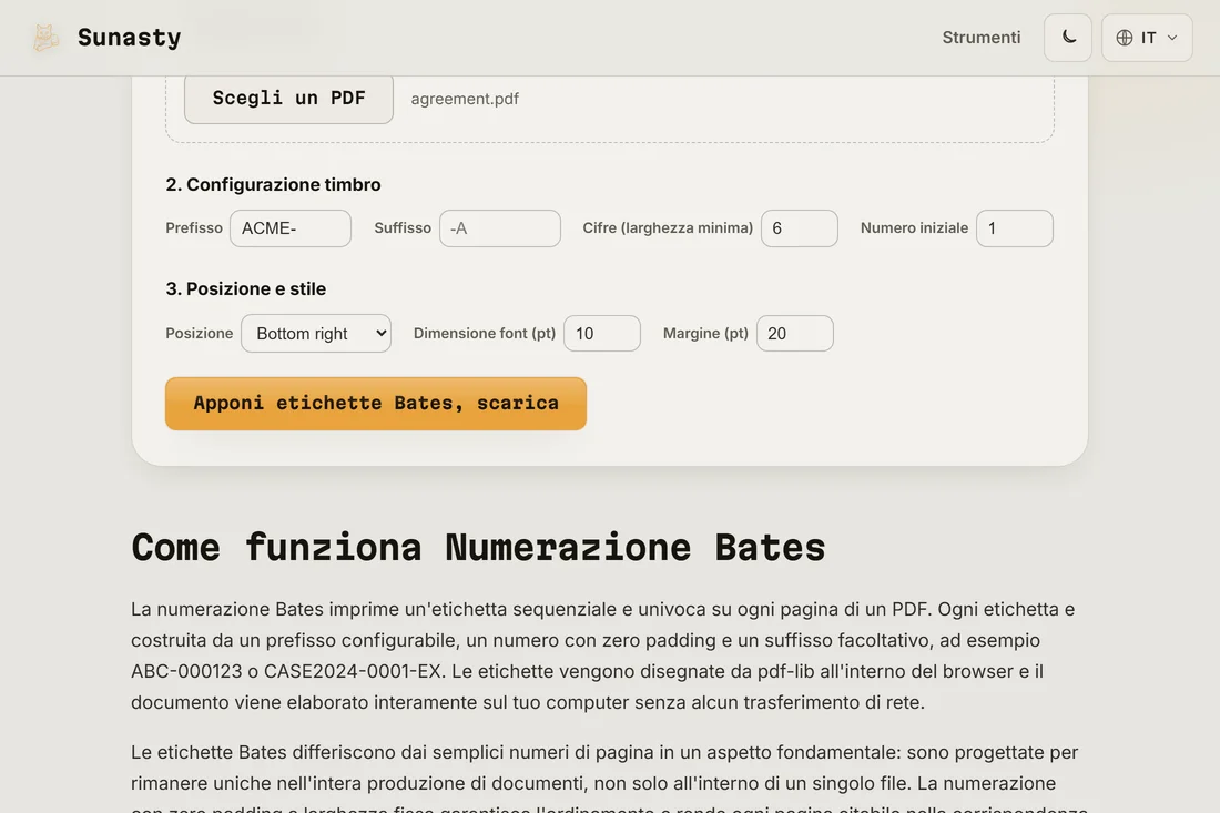 Il PDF timbrato pronto per il download, con l'etichetta Bates visibile nell'angolo in basso a destra della pagina