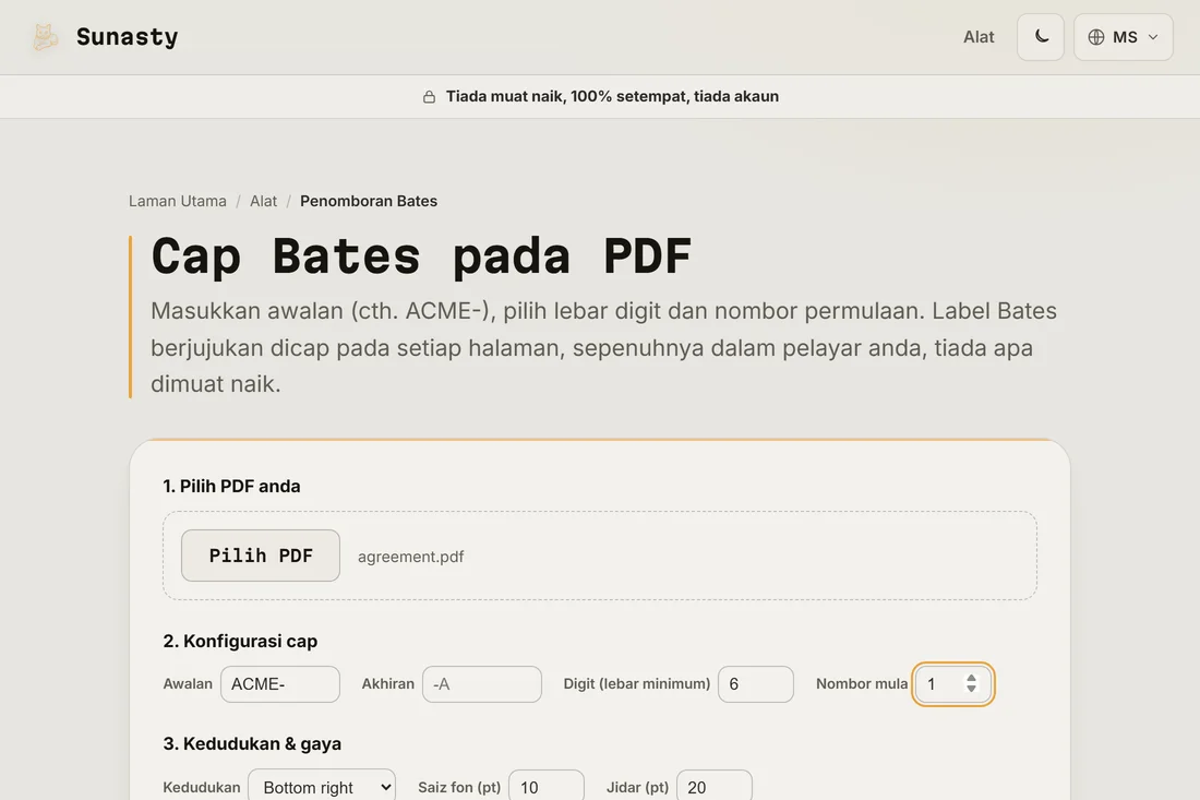 Alat penomboran Bates dengan satu perjanjian dimuatkan, awalan ditetapkan kepada ACME- dan pembilang enam digit bermula pada satu