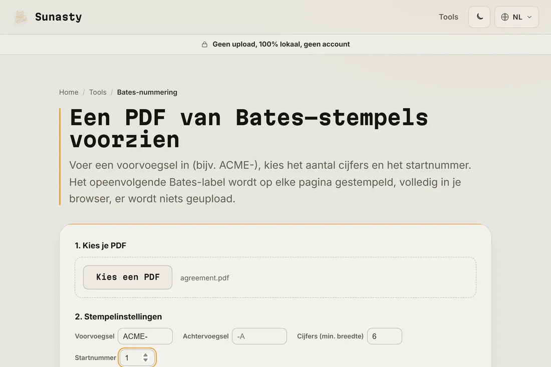De Bates-nummeringstool met een overeenkomst geladen, het voorvoegsel ingesteld op ACME- en een teller van zes cijfers die bij één begint