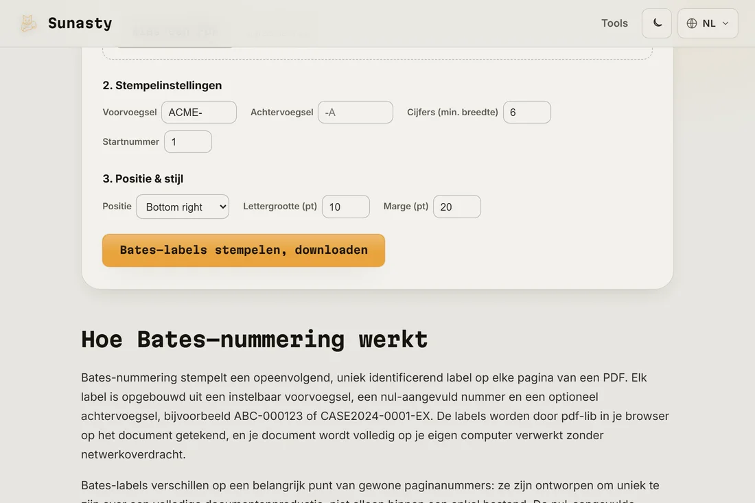 De gestempelde PDF klaar om te downloaden, met het Bates-label zichtbaar in de rechterbenedenhoek van de pagina