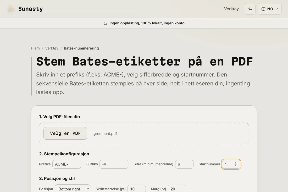Bates-nummereringsverktøyet med en avtale lastet inn, prefikset satt til ACME- og en sekssifret teller som starter på én